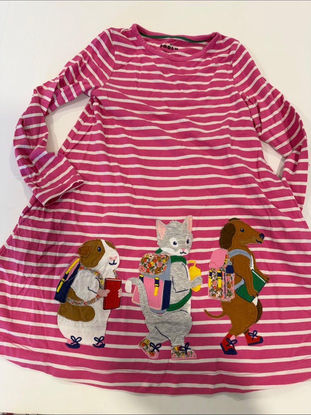 Kids Pink Striped Long-Sleeve Dress with Animal Appliqués
